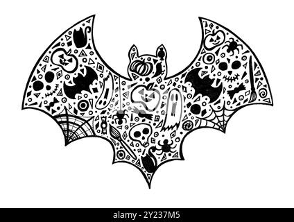 Doodle ensemble de symboles d'Halloween inscrits dans la silhouette de chauve-souris. Contour noir. Fond blanc. Jack lanternes, crânes, fantômes, chauves-souris, bonbons, chat, Banque D'Images