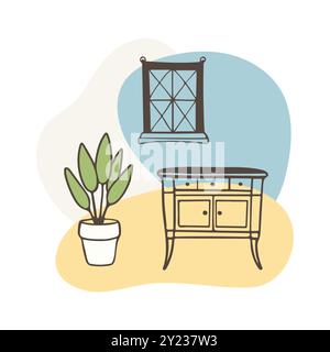 Intérieur confortable du salon dans le style provençal avec commode de tiroirs et de plantes dans des pots près de la fenêtre dans le style provençal, motif simple avec des formes harmonieuses en arrière-plan. Illustration vectorielle Illustration de Vecteur