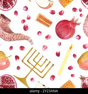 Rosh Hashanah, Yom Kippur, Hanukkah aquarelle peinte à la main motif sans couture isolé sur blanc. Parfait pour le papier d'emballage, emballage. Juif Banque D'Images