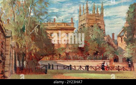 Corpus Christi College et Merton Tower vus de Christ Church Meadow, Oxford University, Oxford, Angleterre. Extrait du livre Oxford, peint par John Fulleylove, publié à Londres en 1922. Banque D'Images