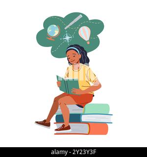 La fille lit le manuel de géographie assis sur la pile de livres illustration vectorielle de couleur plate. L'enfant découvre l'icône de concept de science sur blanc Illustration de Vecteur