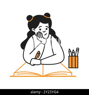 Fille bouleversée faisant des devoirs difficiles à la ligne de doodle de bureau et illustration de couleur. Écolière ennuyée apprenant la leçon linéaire de vecteur d'esquisse personne Illustration de Vecteur