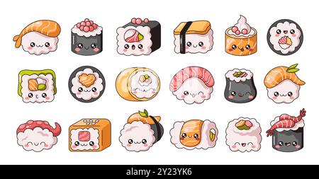 Rouleaux de sushi Kawaii avec un ensemble d'illustration vectorielle de couleur plate de visages. Cuisine traditionnelle japonaise. Délicieux personnages de nourriture asiatique sur la collection blanche Illustration de Vecteur