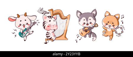 Icônes de musiciens d'animaux charmants sur fond blanc. Série d'illustrations vectorielles de couleur plate avec des animaux kawaii engagés dans des performances musicales Illustration de Vecteur