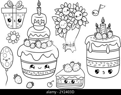 Vacances définies. Personnage de dessin animé mignon kawaii. Gâteau festif d'anniversaire avec des bougies et des fraises, dessert sucré en pièce, bouquet de fleurs, ballon et gif Illustration de Vecteur