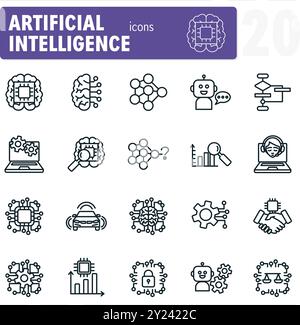 Ensemble d'icônes de ligne d'intelligence artificielle montrant l'apprentissage automatique Illustration de Vecteur