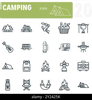 Ensemble de 20 icônes de ligne minimaliste d'équipement de camping montrant les activités et les éléments essentiels pour passer du temps à l'extérieur Illustration de Vecteur