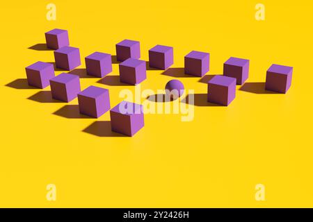 La sphère unique se distingue de la foule de cubes violets sur un fond jaune. Rendu 3D abstrait Banque D'Images