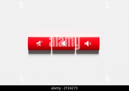Trois boutons rouges du clavier d'ordinateur affichant les paramètres de volume de silencieux à fort, idéal pour expliquer les niveaux audio. Rendu 3D. Banque D'Images