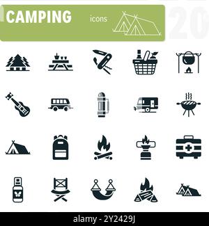 Ensemble d'icônes de camping et de loisirs en plein air avec tentes, feu de camp, sac à dos et plus encore Illustration de Vecteur