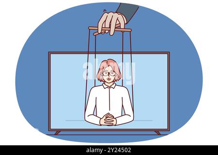 La manipulatrice transmet une journaliste féminine à la télévision qui raconte des fausses nouvelles à partir de l'écran de télévision pour induire en erreur et diffuser des informations erronées. Shadow Government manipulateur concept et World conspiration pour contrôler via la télévision Illustration de Vecteur