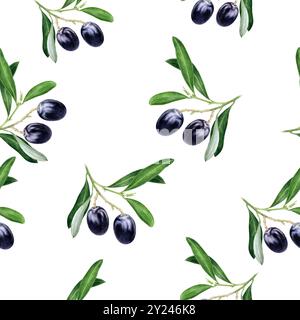 Motif de branche d'olive noir sans couture aquarelle sur fond blanc Banque D'Images