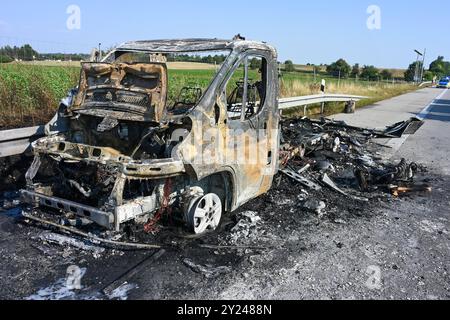 A14/Döbeln - Urlaubsfahrt endet abrupt für junges Pärchen : Wohnmobil brennt auf Autobahn vollständig aus 04.09.2024 gegen 15,45 Uhr A14 Richtung Leipzig, zwischen Döbeln-Nord und Leisnig Die Urlaubsfahrt eines jungen Pärchens aus Braunschweig ist auf der A14 BEI Döbeln abrupt geendet : Am Mittwochnachtag gegen 15,45 Ufing Fischen Döbeln Anzhnhluslnhlsden plötzlich. Der Brand begann unter dem Fahrersitz in der Nähe des Motorraums. DAS Pärchen stellte das Gefährt schnell auf dem Standstreifen ab, dann schlugen bereits erste Flammen aus dem Reisemobil Banque D'Images