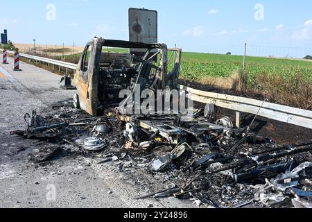 A14/Döbeln - Urlaubsfahrt endet abrupt für junges Pärchen : Wohnmobil brennt auf Autobahn vollständig aus 04.09.2024 gegen 15,45 Uhr A14 Richtung Leipzig, zwischen Döbeln-Nord und Leisnig Die Urlaubsfahrt eines jungen Pärchens aus Braunschweig ist auf der A14 BEI Döbeln abrupt geendet : Am Mittwochnachtag gegen 15,45 Ufing Fischen Döbeln Anzhnhluslnhlsden plötzlich. Der Brand begann unter dem Fahrersitz in der Nähe des Motorraums. DAS Pärchen stellte das Gefährt schnell auf dem Standstreifen ab, dann schlugen bereits erste Flammen aus dem Reisemobil Banque D'Images