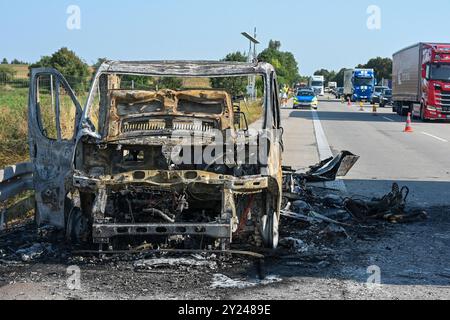 A14/Döbeln - Urlaubsfahrt endet abrupt für junges Pärchen : Wohnmobil brennt auf Autobahn vollständig aus 04.09.2024 gegen 15,45 Uhr A14 Richtung Leipzig, zwischen Döbeln-Nord und Leisnig Die Urlaubsfahrt eines jungen Pärchens aus Braunschweig ist auf der A14 BEI Döbeln abrupt geendet : Am Mittwochnachtag gegen 15,45 Ufing Fischen Döbeln Anzhnhluslnhlsden plötzlich. Der Brand begann unter dem Fahrersitz in der Nähe des Motorraums. DAS Pärchen stellte das Gefährt schnell auf dem Standstreifen ab, dann schlugen bereits erste Flammen aus dem Reisemobil Banque D'Images