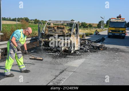 A14/Döbeln - Urlaubsfahrt endet abrupt für junges Pärchen : Wohnmobil brennt auf Autobahn vollständig aus 04.09.2024 gegen 15,45 Uhr A14 Richtung Leipzig, zwischen Döbeln-Nord und Leisnig Die Urlaubsfahrt eines jungen Pärchens aus Braunschweig ist auf der A14 BEI Döbeln abrupt geendet : Am Mittwochnachtag gegen 15,45 Ufing Fischen Döbeln Anzhnhluslnhlsden plötzlich. Der Brand begann unter dem Fahrersitz in der Nähe des Motorraums. DAS Pärchen stellte das Gefährt schnell auf dem Standstreifen ab, dann schlugen bereits erste Flammen aus dem Reisemobil Banque D'Images