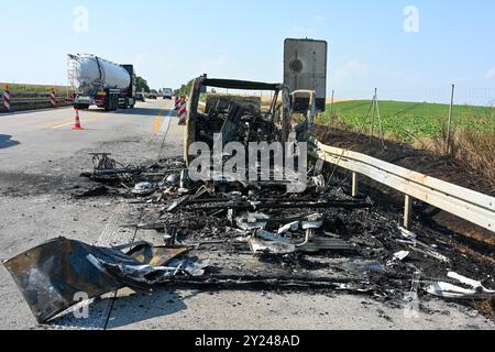 A14/Döbeln - Urlaubsfahrt endet abrupt für junges Pärchen : Wohnmobil brennt auf Autobahn vollständig aus 04.09.2024 gegen 15,45 Uhr A14 Richtung Leipzig, zwischen Döbeln-Nord und Leisnig Die Urlaubsfahrt eines jungen Pärchens aus Braunschweig ist auf der A14 BEI Döbeln abrupt geendet : Am Mittwochnachtag gegen 15,45 Ufing Fischen Döbeln Anzhnhluslnhlsden plötzlich. Der Brand begann unter dem Fahrersitz in der Nähe des Motorraums. DAS Pärchen stellte das Gefährt schnell auf dem Standstreifen ab, dann schlugen bereits erste Flammen aus dem Reisemobil Banque D'Images