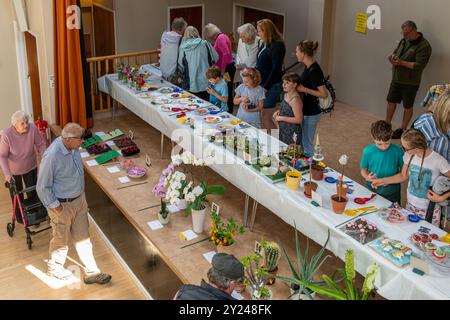 Spectacle de village dans la salle de village Old Basing, Hampshire, Angleterre, en septembre 2024. Vue sur les personnes et les stands avec entrées de compétition depuis le balcon Banque D'Images