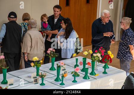 Spectacle de village dans la salle de village Old Basing, Hampshire, Angleterre, en septembre 2024. Vue des gens et des étals avec des entrées d'exposition de fleurs Banque D'Images