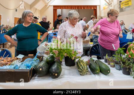 Spectacle de village dans la salle de village Old Basing, Hampshire, Angleterre, Royaume-Uni, en septembre 2024. Les femmes qui vendent des légumes produisent Banque D'Images