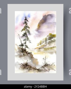 Affiche environnementale avec la faune et les arbres de conifères retardés poussant à flanc de montagne Illustration de Vecteur