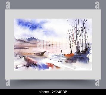 Nature pittoresque avec des bateaux amarrés sur la rive du lac près des arbres avec des feuilles tombées Illustration de Vecteur