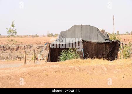 Camp nomade avec dromadaires et chauffeur de chameaux dans la campagne désertique près du moyen Atlas au Maroc. Maroc, Afrique du Nord. Crédit : photo par Hug Banque D'Images