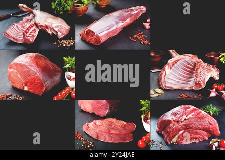 Collage ou conception de différents types de viande crue pour boucherie ou restaurant. Banque D'Images