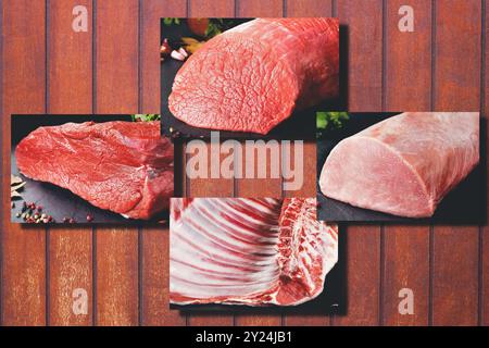 Collage ou conception de différents types de viande crue pour boucherie ou restaurant. Banque D'Images