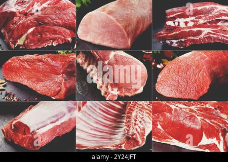 Collage ou conception de différents types de viande crue pour boucherie ou restaurant. Banque D'Images