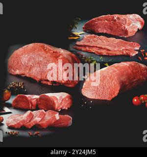 Collage ou conception de différents types de viande crue pour boucherie ou restaurant. Banque D'Images