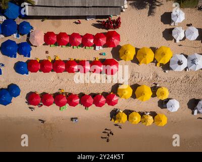 Belle vue aérienne aux parasols colorés dans la plage sauvage Banque D'Images