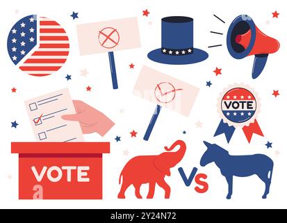 Ensemble d'éléments de campagne électorale. Élection 2024, vote démocratie, campagne politique. Illustrations vectorielles plates isolées sur fond blanc Illustration de Vecteur
