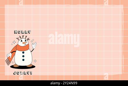 Bonhomme de neige carte groovy. Illustration vectorielle dans le style rétro à la mode. Arrière-plan abstrait. Joyeuses fêtes 2024 Illustration de Vecteur