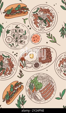 nourriture doodles oeufs burger frais éléments verts sans couture menu de restaurant motif illustration vectorielle Illustration de Vecteur