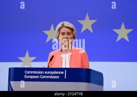 Bruxelles, Belgique. 09th Sep, 2024. Conférence de presse de la Présidente de la Commission européenne Ursula von der LEYEN et Mario DRAGHI sur le rapport sur l'avenir de la compétitivité de l'UE à Bruxelles, Belgique, le 9 septembre 2024. Crédit : ALEXANDROS MICHAILIDIS/Alamy Live News Banque D'Images