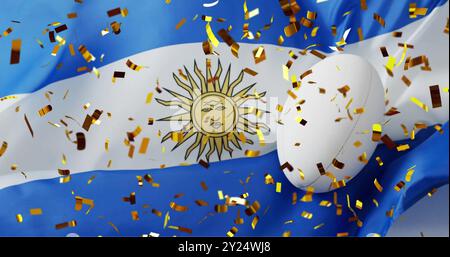 Image de confettis sur ballon de rugby blanc et drapeau de l'argentine Banque D'Images