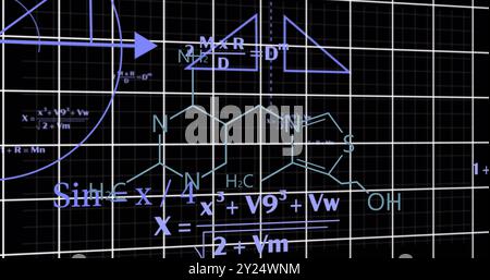 Formules chimiques et équations mathématiques sur fond de grille Banque D'Images