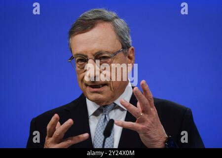 Bruxelles, Belgique. 09th Sep, 2024. Conférence de presse de la Présidente de la Commission européenne Ursula von der LEYEN et Mario DRAGHI sur le rapport sur l'avenir de la compétitivité de l'UE à Bruxelles, Belgique, le 9 septembre 2024. Crédit : ALEXANDROS MICHAILIDIS/Alamy Live News Banque D'Images