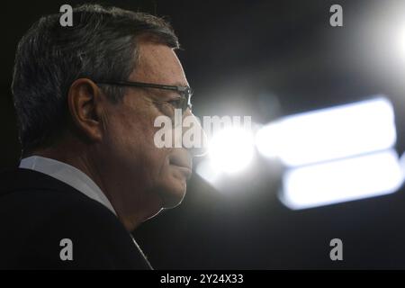 Bruxelles, Belgique. 09th Sep, 2024. Conférence de presse de la Présidente de la Commission européenne Ursula von der LEYEN et Mario DRAGHI sur le rapport sur l'avenir de la compétitivité de l'UE à Bruxelles, Belgique, le 9 septembre 2024. Crédit : ALEXANDROS MICHAILIDIS/Alamy Live News Banque D'Images