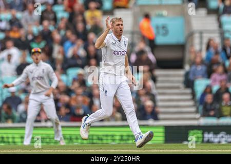 Londres, Royaume-Uni. 09th Sep, 2024. Olly Stone d'Angleterre réagit lors du 3ème Rothesay test match Day four England v Sri Lanka au Kia Oval, Londres, Royaume-Uni, le 9 septembre 2024 (photo par Mark Cosgrove/News images) à Londres, Royaume-Uni le 9/9/2024. (Photo de Mark Cosgrove/News images/SIPA USA) crédit : SIPA USA/Alamy Live News Banque D'Images