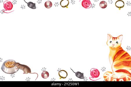 Animaux domestiques, animaux. Chat tabby rouge, souris brune avec rayure sur le dos, jouets pour chats, chiens, bol avec de la nourriture, empreintes de pattes de chiens, chats. Pour l'impression Banque D'Images