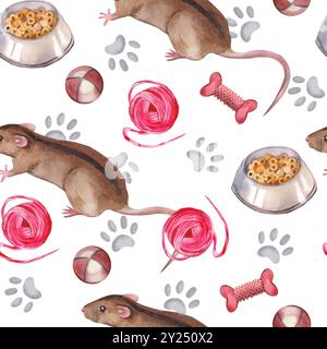 Animaux de compagnie, rats bruns avec des rayures noires avec un bol de nourriture, jouets, balles, balles de fil et empreintes de pattes. Tous les objets sont peints à la main avec des aquarelles. Banque D'Images