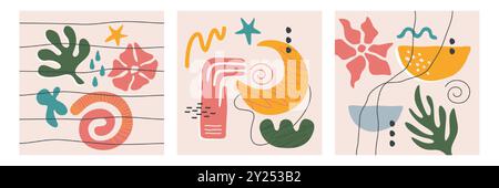 Ensemble vectoriel de cartes contemporaines avec des éléments abstraits de nature estivale. Collection d'affiches avec des formes géométriques organiques, des lignes, des objets de forme libre doodle. Figures et formes simples de base à la mode dessinées à la main Illustration de Vecteur