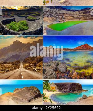 Rouge montagne et vert flaque près de la côte de mer dans Canary Island, Lanzarote.Spain plages Banque D'Images