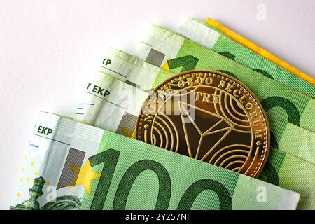 TRX Tron pièces d'or avec des billets en euros sur fond blanc, image en gros plan. Banque D'Images