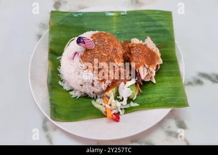 Vue aérienne sur l'authentique Nasi Dagang simple, délicatesse populaire à Terengganu servi avec filet de poisson maquereau et sauce. Banque D'Images