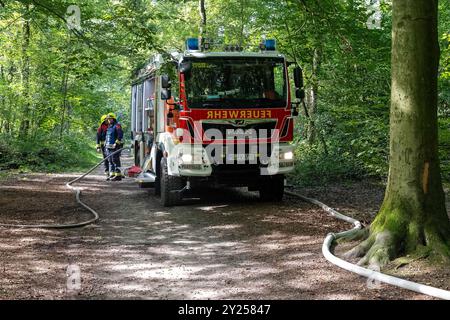 Übung zur Bekämpfung eines Vegetationsbrandes AM 07.09.2024Übung zur Bekämpfung eines Vegetationsbrandes AM 07.09.2024 07.09.24, Umwelt, Ungluecke : Uebung zur Bekaempfung eines Vegetations- bzw. Waldbrandes im Hardter Wald in Moenchengladbach mit CA. 80 Einsatzkraeften. Feuerwehrkraefte und Einsatzfahrzeug im Wald. Foto : Kirchner-Media/TH *** exercice de lutte contre un feu de végétation le 07 09 2024Exercise de lutte contre un feu de végétation le 07 09 2024 07 09 24, environnement, accidents exercice de lutte contre un feu de végétation ou de forêt à Hardter Wald à Moenchengladbach avec environ 80 pompiers et emergenc Banque D'Images