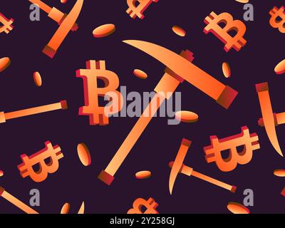 Modèle sans couture avec des pièces bitcoin dégradées, pioche et symbole bitcoin. Pioche pour l'exploitation minière. Pièces avec symbole bitcoin dans le style 3D. Conception pour bannière Illustration de Vecteur