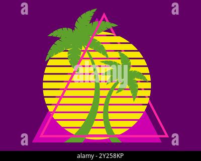 Palmiers au coucher du soleil rétro soleil dans le style des années 80. Silhouettes rétro futuristes de palmiers contre le soleil dans un cadre triangulaire. Style Synthwave. Conception Illustration de Vecteur